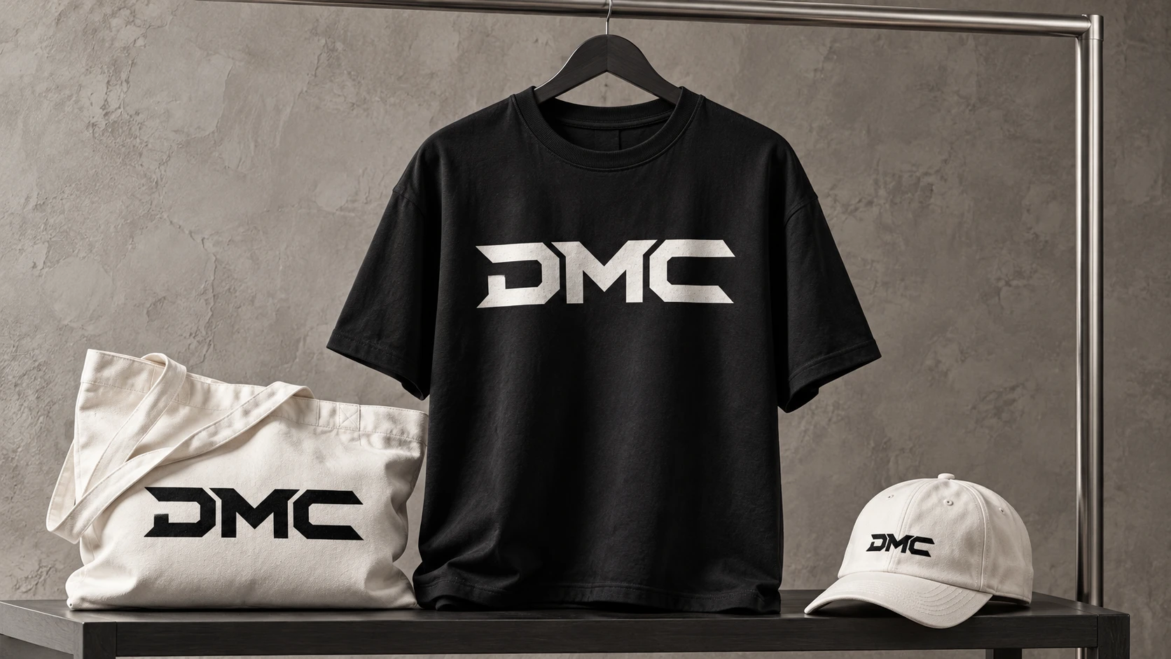 DMC merchandise concept on a heavyweight shirt, canvas tote and cap