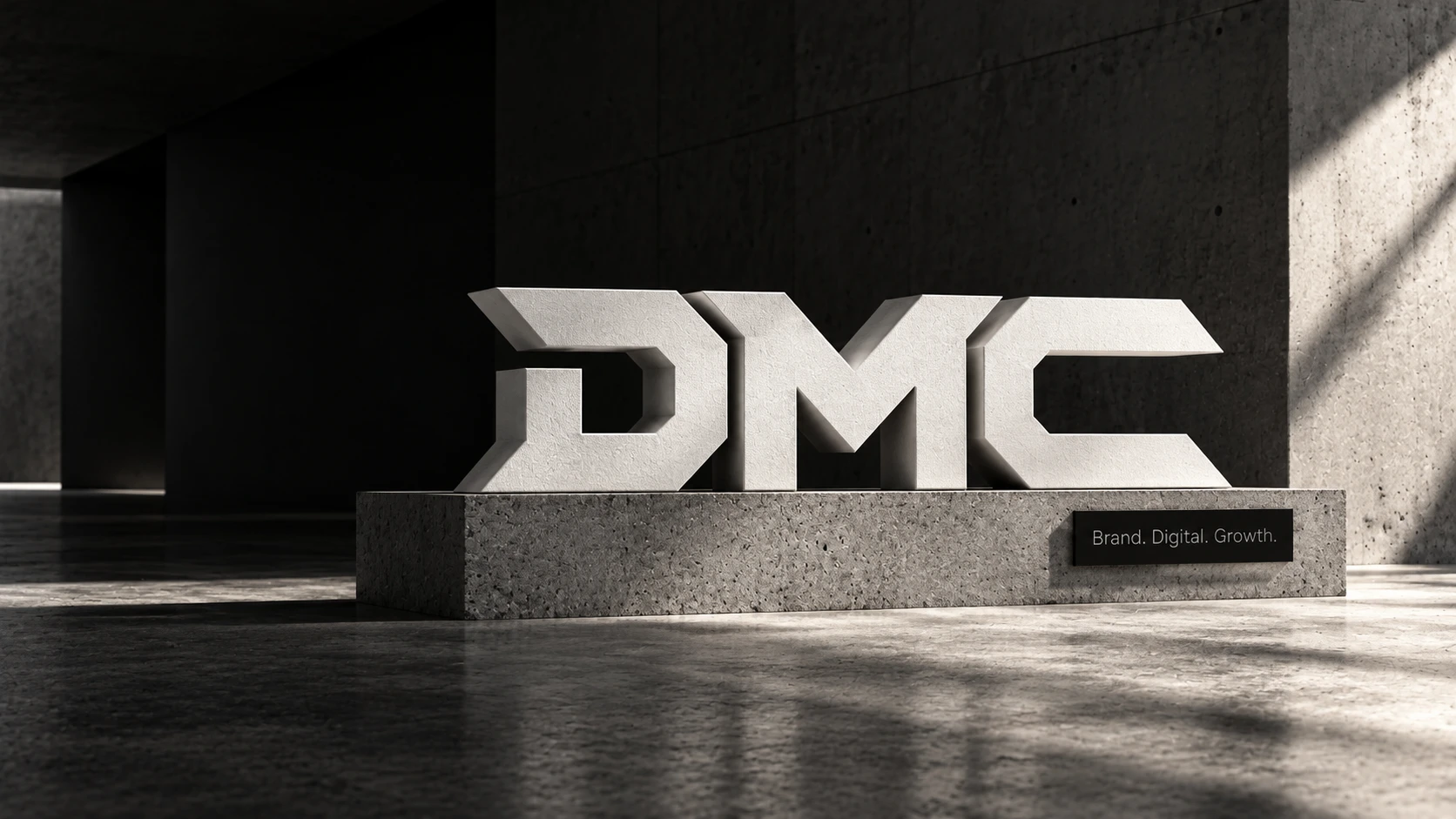 DMC environmental identity concept with a sculptural white wordmark