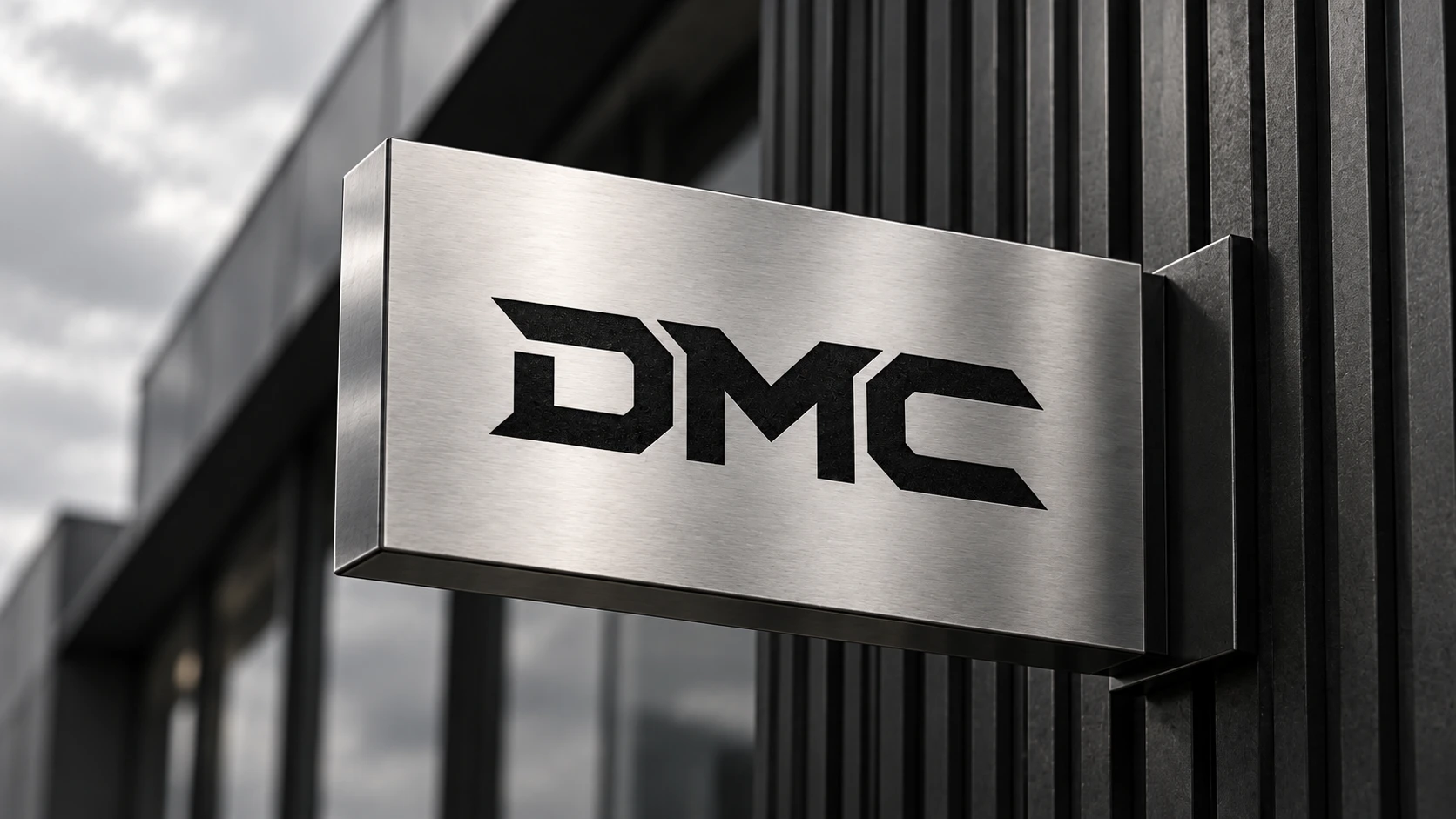 DMC environmental identity concept on a brushed steel blade sign