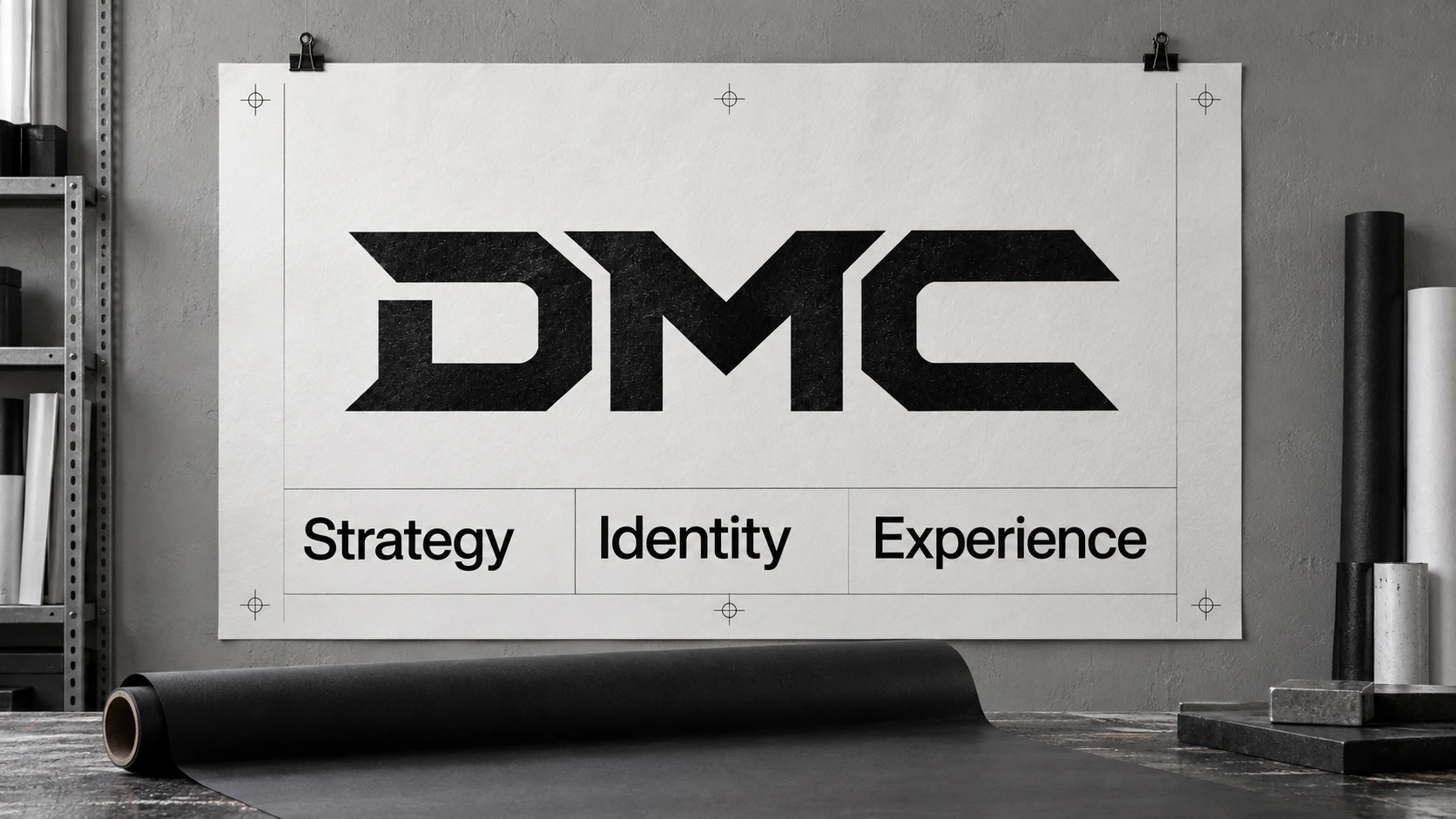 DMC strategy, identity and experience poster in a print workshop