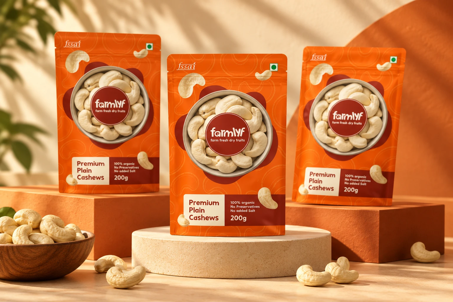 Farmlyf orange cashew pouch family in a warm studio presentation