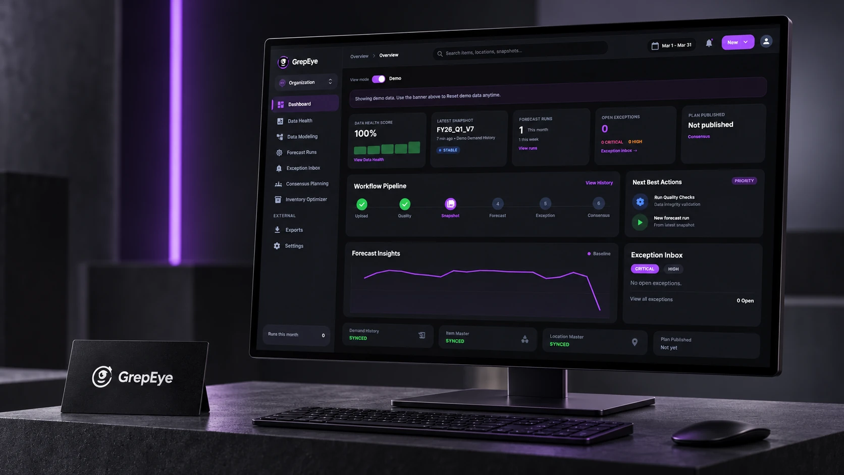 GrepEye planning interface and its original eye mark in a premium desktop presentation