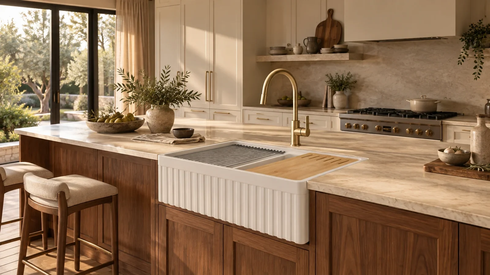 JS Supply Co campaign kitchen with natural stone and warm walnut cabinetry