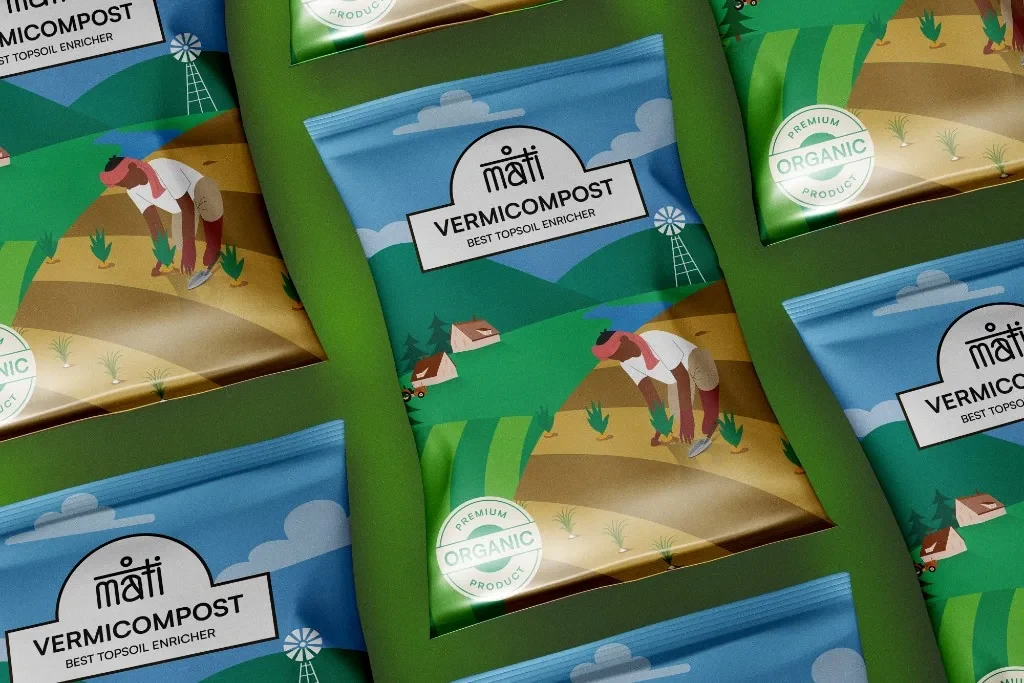 Maati vermicompost pouches with an illustrated agricultural landscape