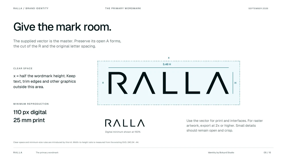 The geometric wordmark and its clear-space system