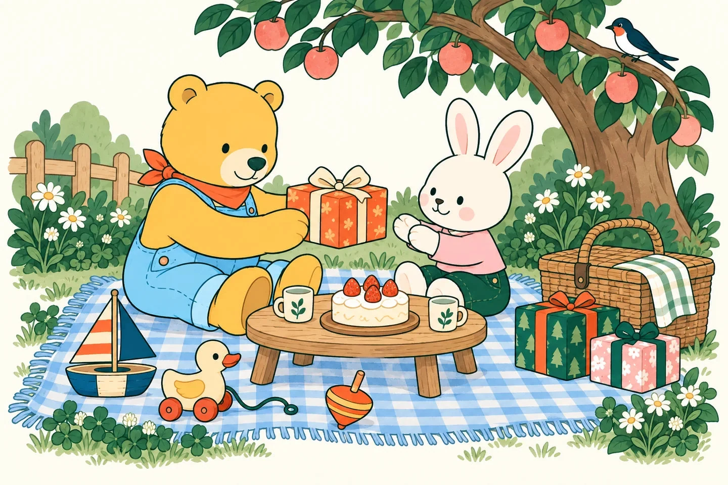 The bear and rabbit in their picture-book garden